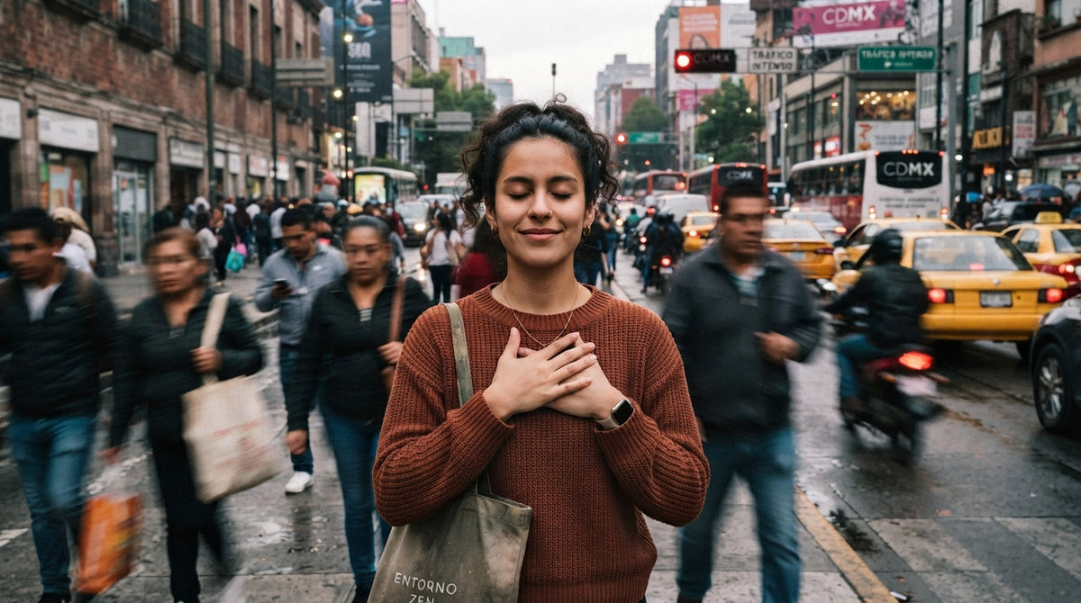 Mujer practicando la pausa mental con las manos en el pecho en medio del tráfico de la Ciudad de México, representando la calma y el manejo de la ira.