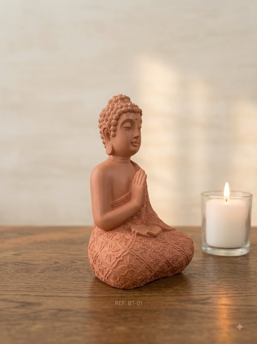 Vista de perfil de la estatua de Buda meditando en color terracota acompañada por una vela encendida en vaso de vidrio, destacando los detalles de su diseño para Entorno Zen.