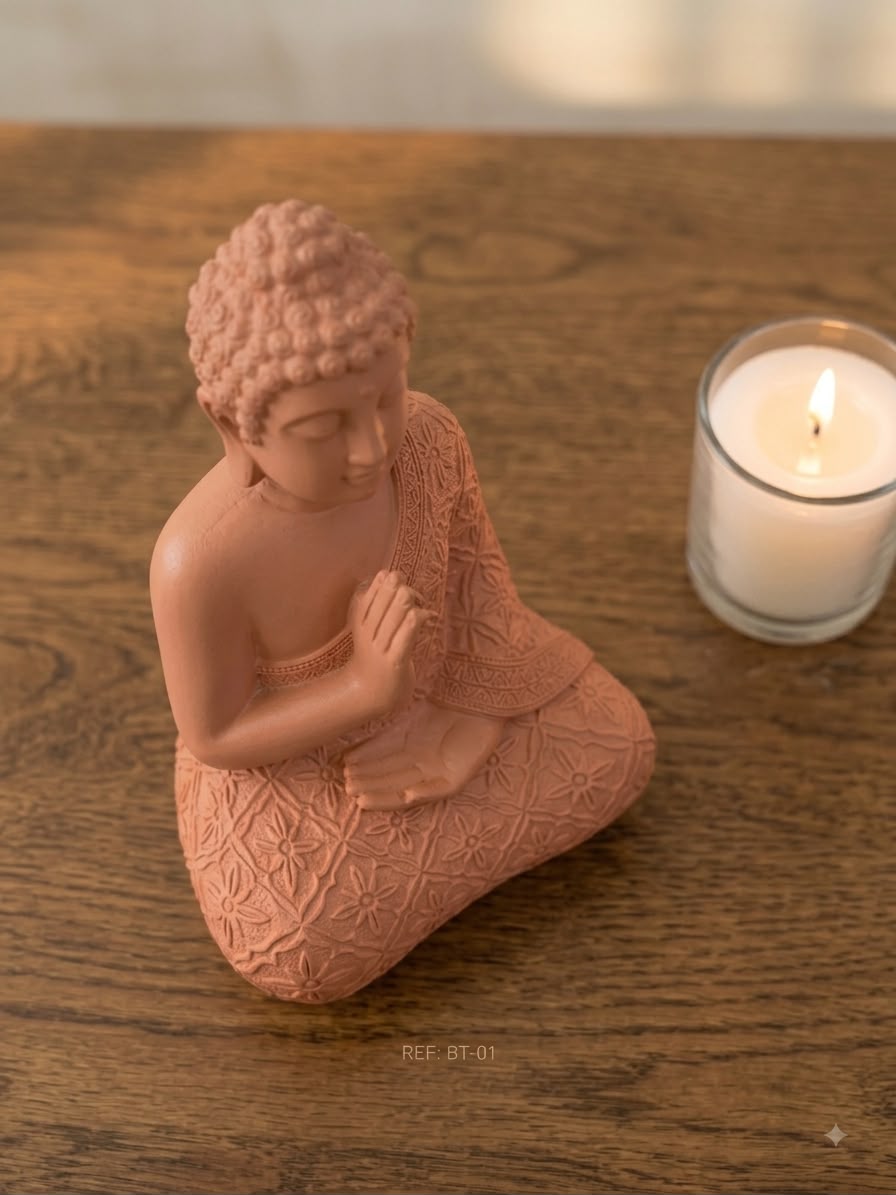 Vista cenital de la estatua de Buda meditando en color terracota, mostrando el detalle de las manos en oración y el patrón grabado en la túnica junto a una vela para Entorno Zen.