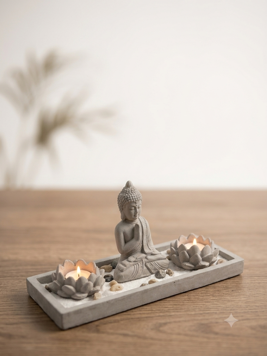 Jardín Zen con Buda y Portavelas de Loto
