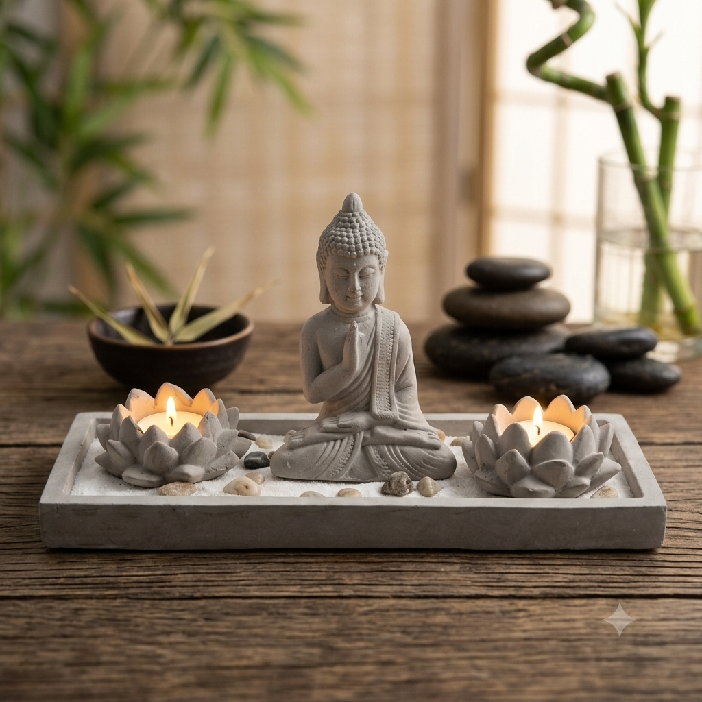 Jardín Zen con Buda y Portavelas de Loto
