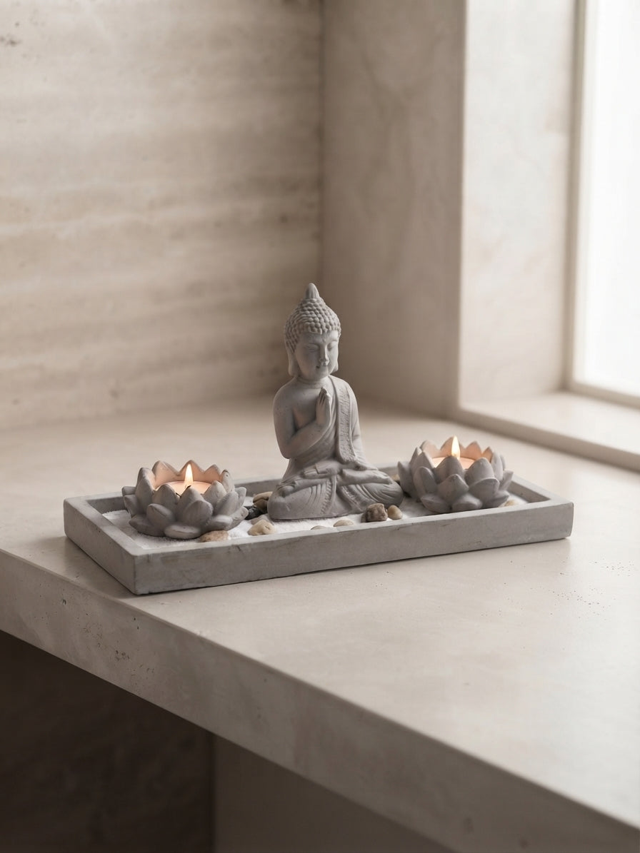 Fotografía editorial minimalista de Buda zen de cemento con velas de loto encendidas en entorno natural con luz suave.