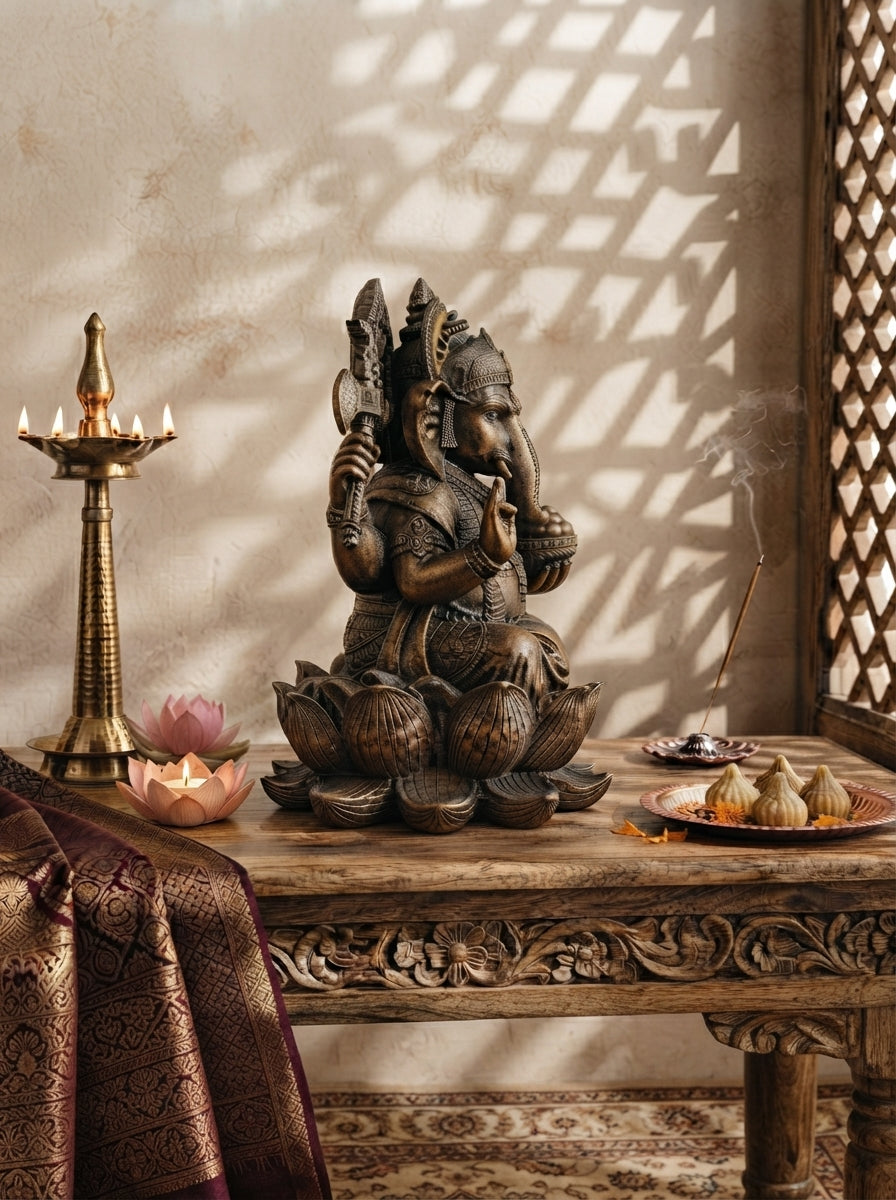 Vista lateral de la figura de Ganesha en poliresina color bronce envejecido mostrando detalles artesanales de su diseño.