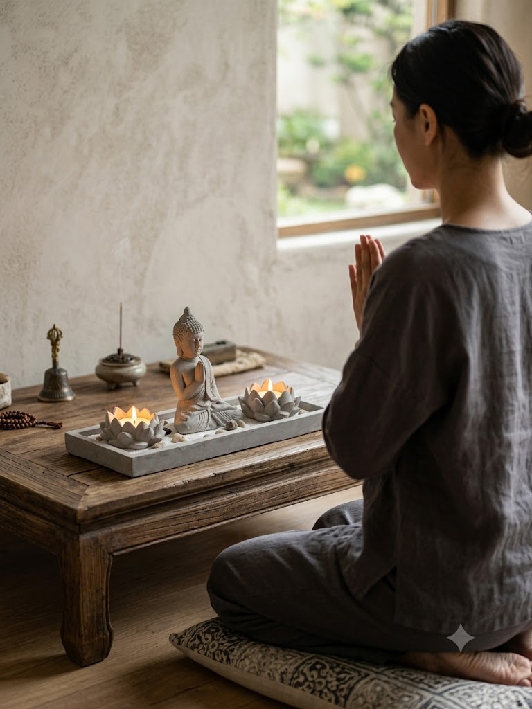 Jardín Zen con Buda y Portavelas de Loto