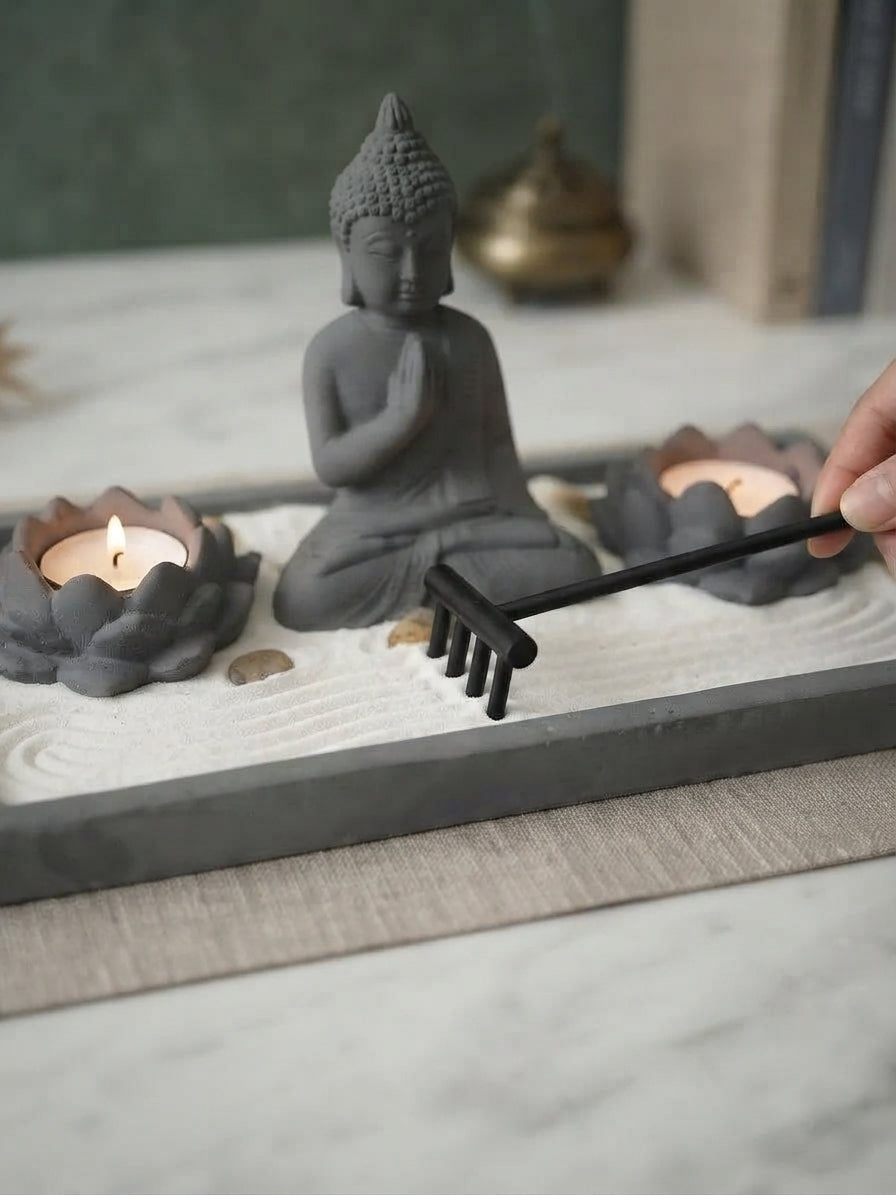 Jardín Zen con Buda y Portavelas de Loto Gris Oscuro