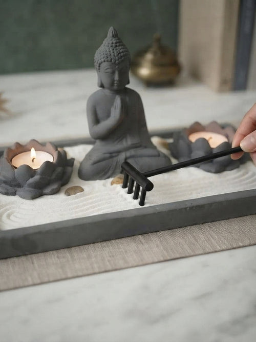 Jardín Zen con Buda y Portavelas de Loto Gris Oscuro