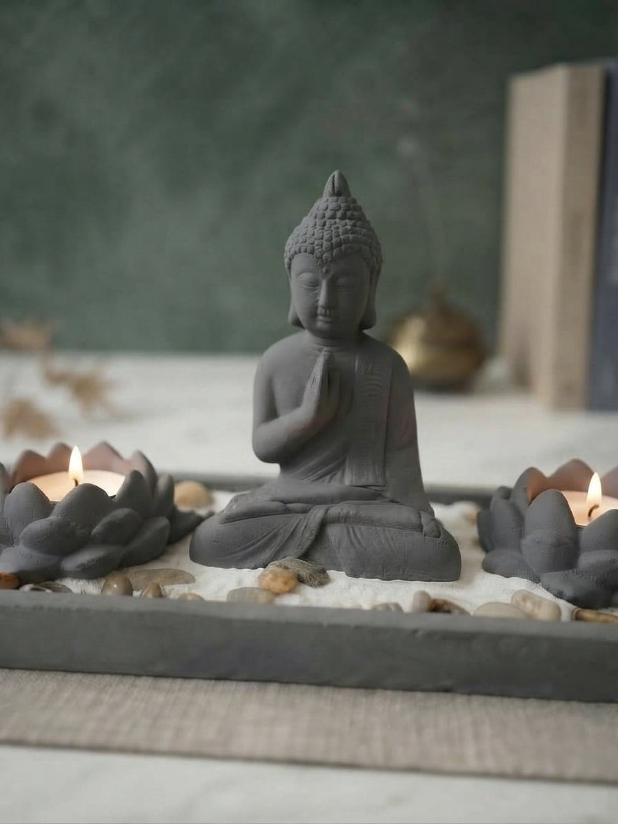 Jardín Zen con Buda y Portavelas de Loto Gris Oscuro