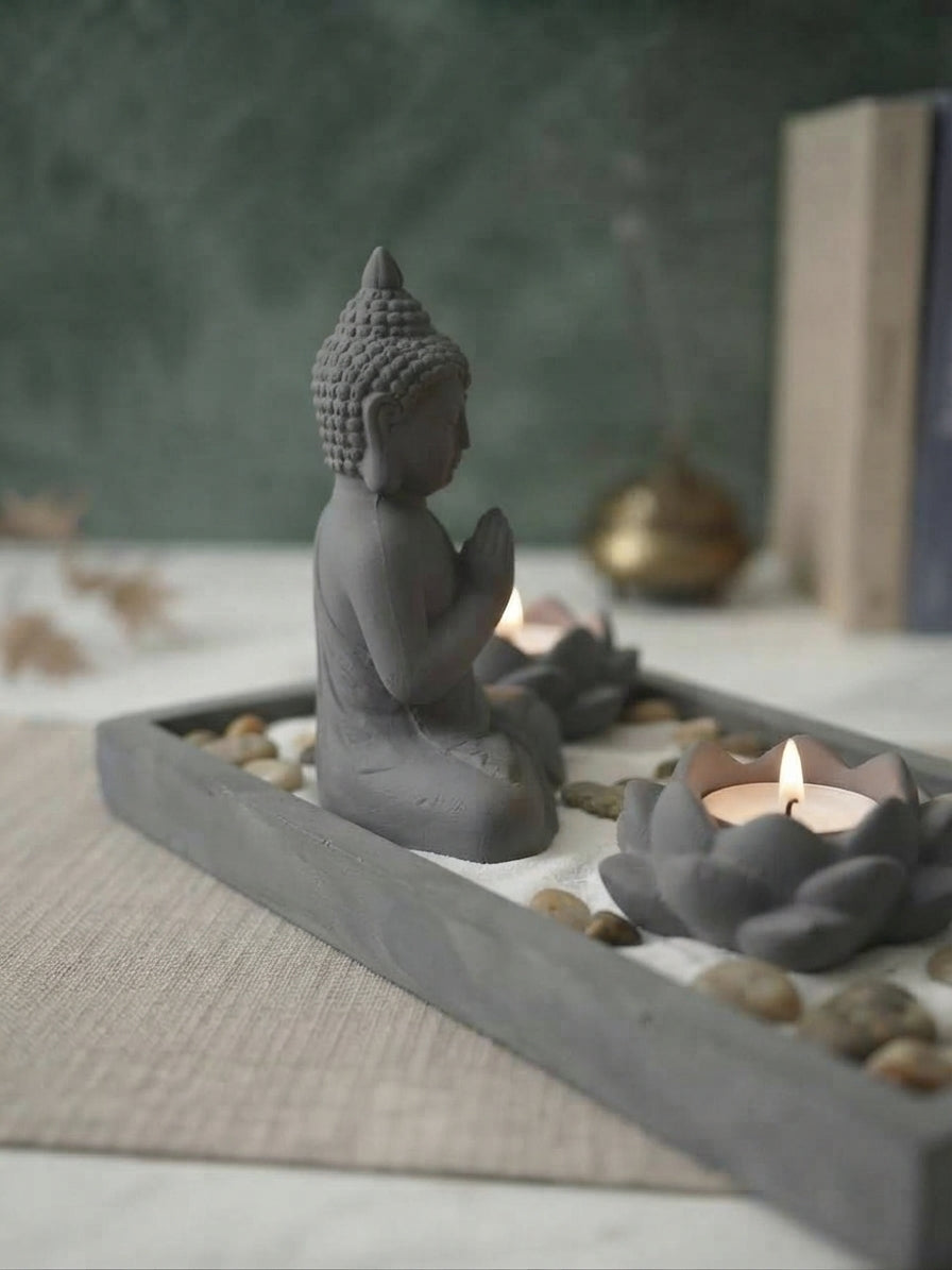 Jardín Zen con Buda y Portavelas de Loto Gris Oscuro