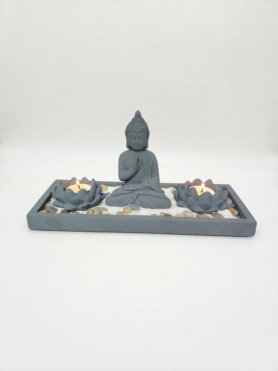 Jardín Zen con Buda y Portavelas de Loto Gris Oscuro