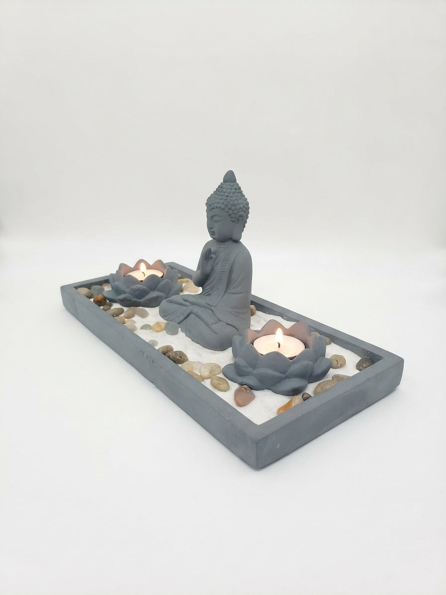 Jardín Zen con Buda y Portavelas de Loto Gris Oscuro