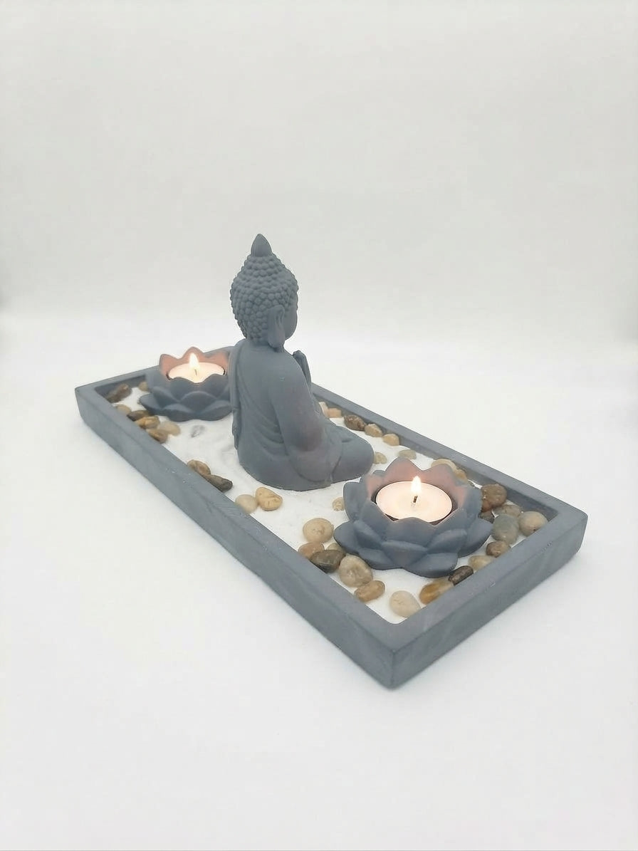 Jardín Zen con Buda y Portavelas de Loto Gris Oscuro