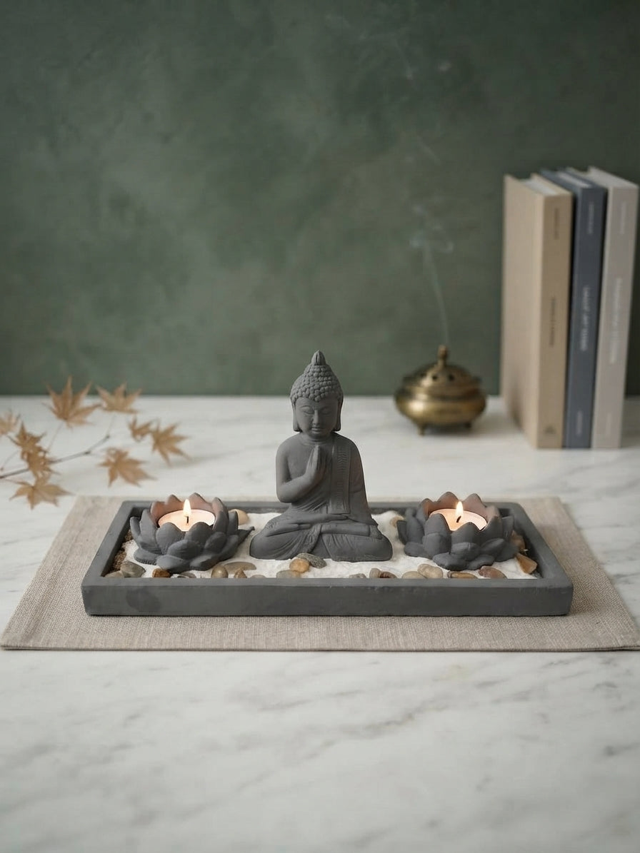 Jardín Zen con Buda y Portavelas de Loto Gris Oscuro