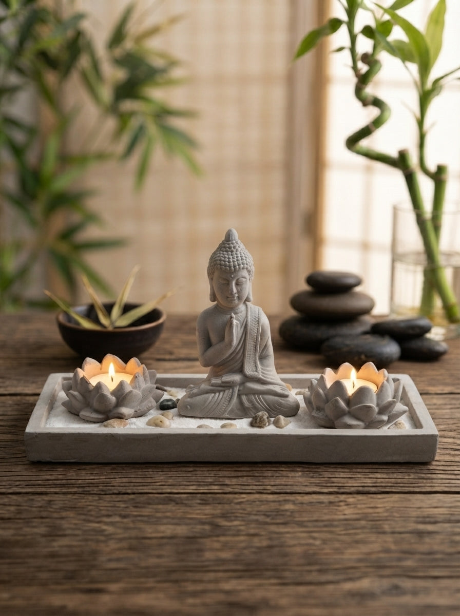 Jardín zen en miniatura con figura de Buda, velas encendidas en forma de flor de loto, piedras apiladas y bambú en un entorno de relajación.