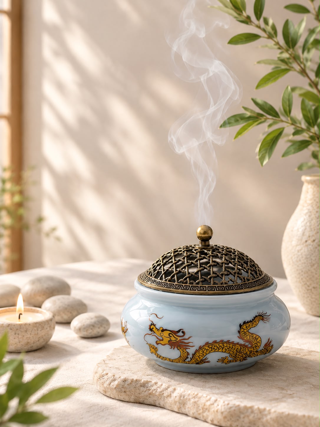 Quemador de incienso de cerámica azul con grabados de dragón imperial y rejilla metálica decorativa, rodeado de elementos zen y velas.